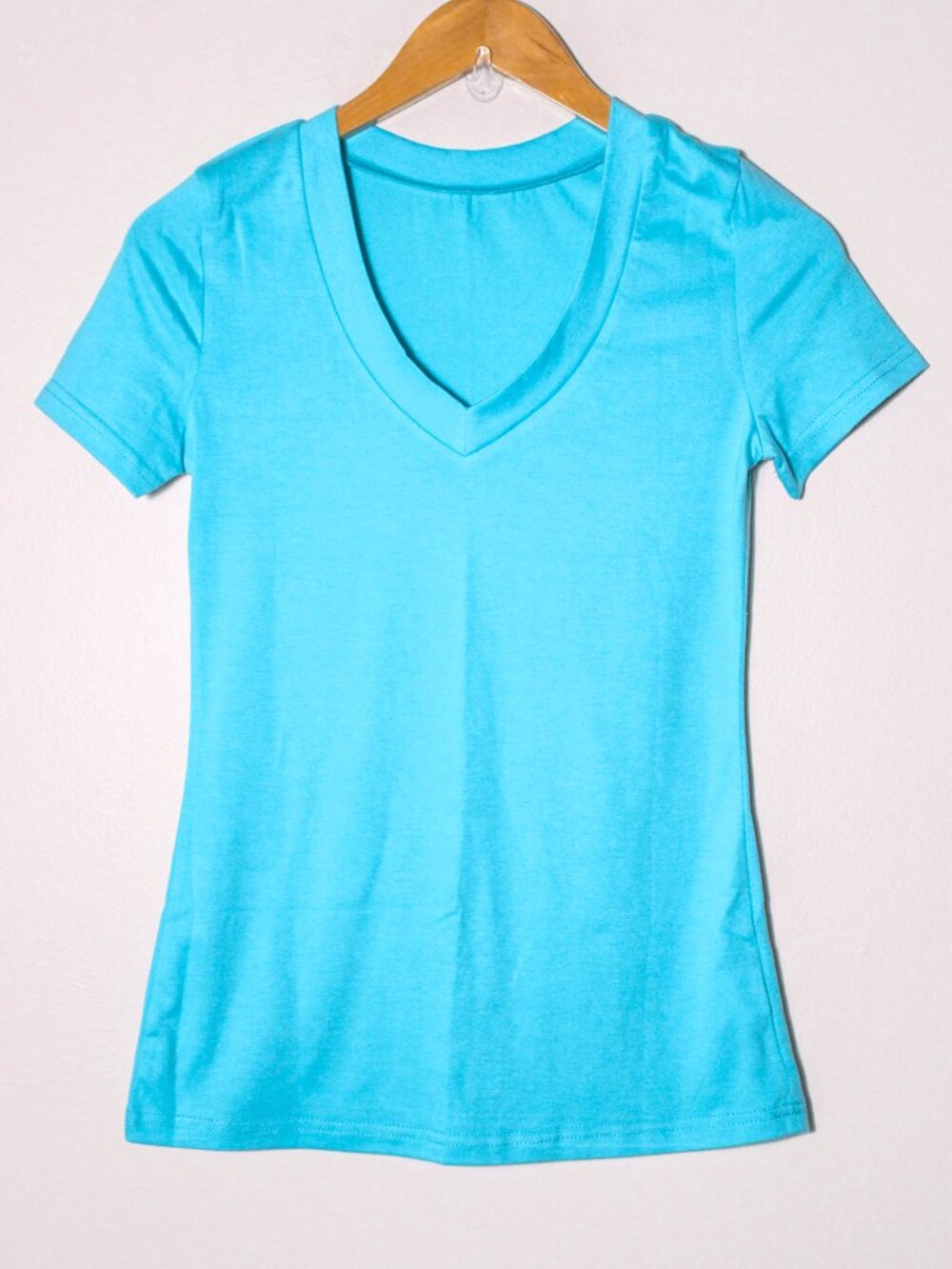 Womens Fitted V Neck Soft Knit Short Sleeve Tee Aqua Blue Size S